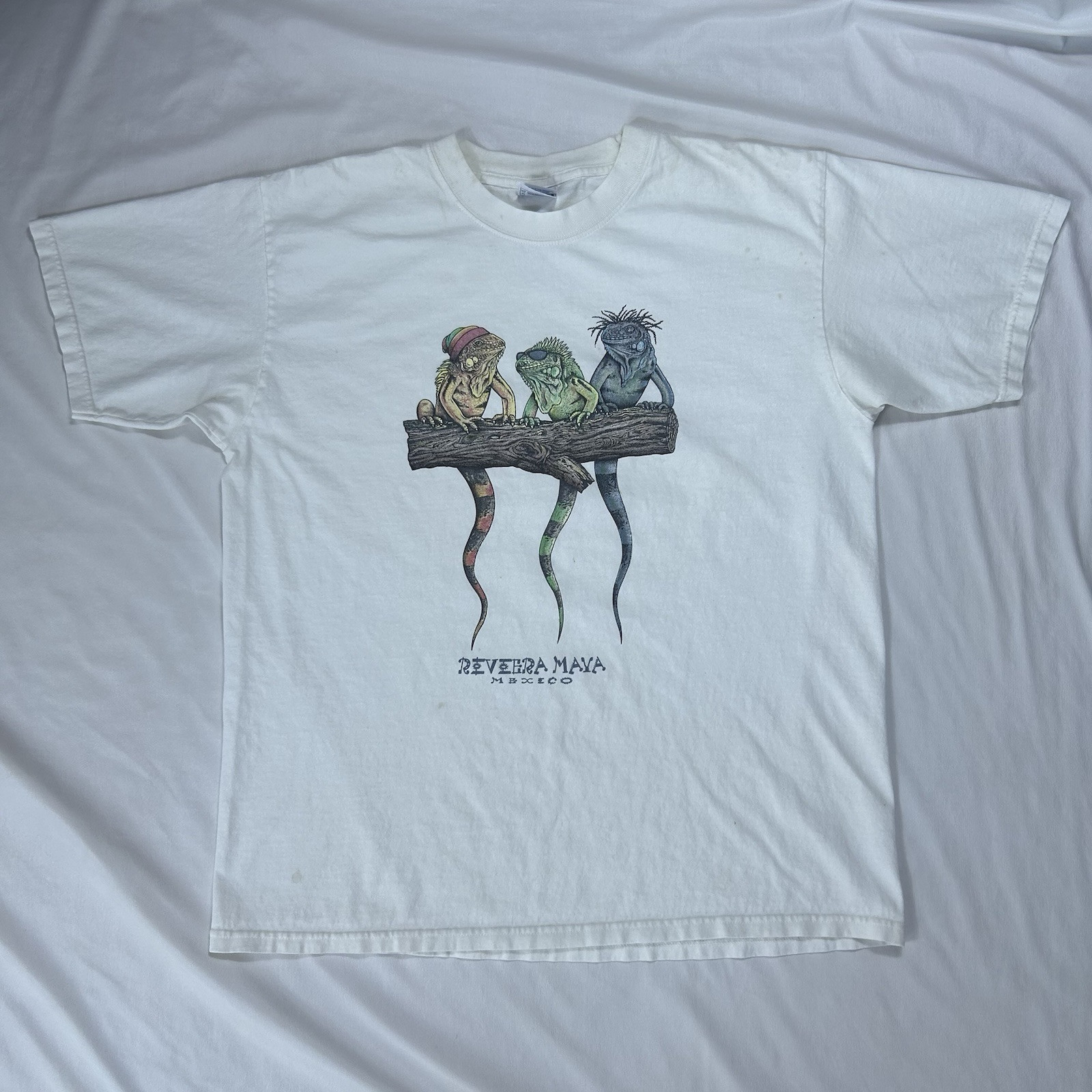 Vintage Iguana Lizard Shirt Mens Large White Nature Tee Reptile Zoo 90s Mexico