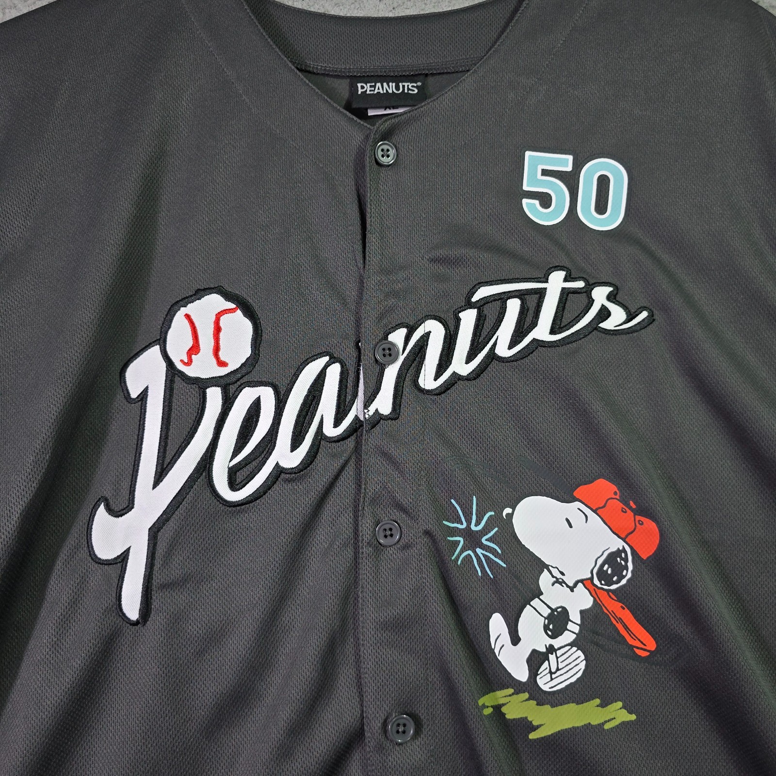 Peanuts® Snoopy Baseball Jersey shirt Mens XL Black Charlie Brown Button Up NWT