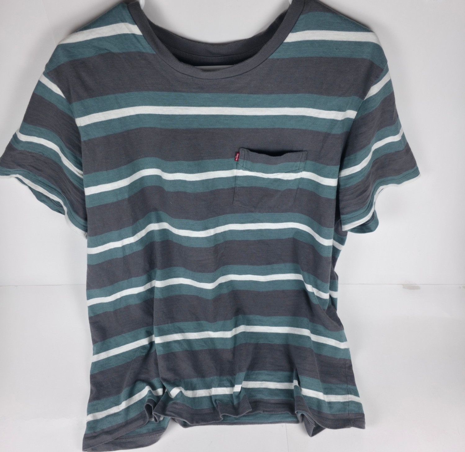 Levi’s Shirt Mens XL Short Sleeve Striped Pocket Standard Fit Teal Gray Tee