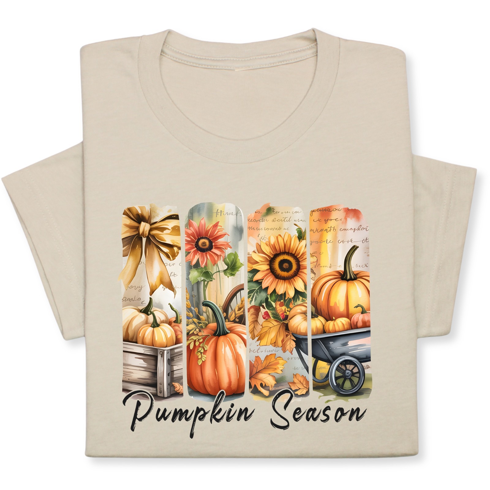 Pumpkin Season Print Shirt, Fall Tee with Sunflowers & Cart