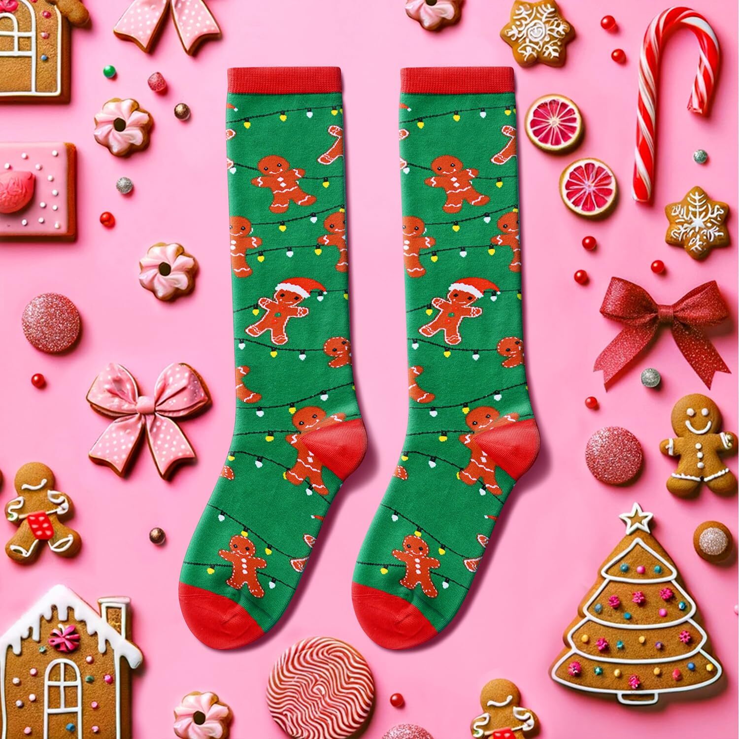 Funny Christmas Knee High Socks for Women Girls Holiday Socks Gingerbread Soc…