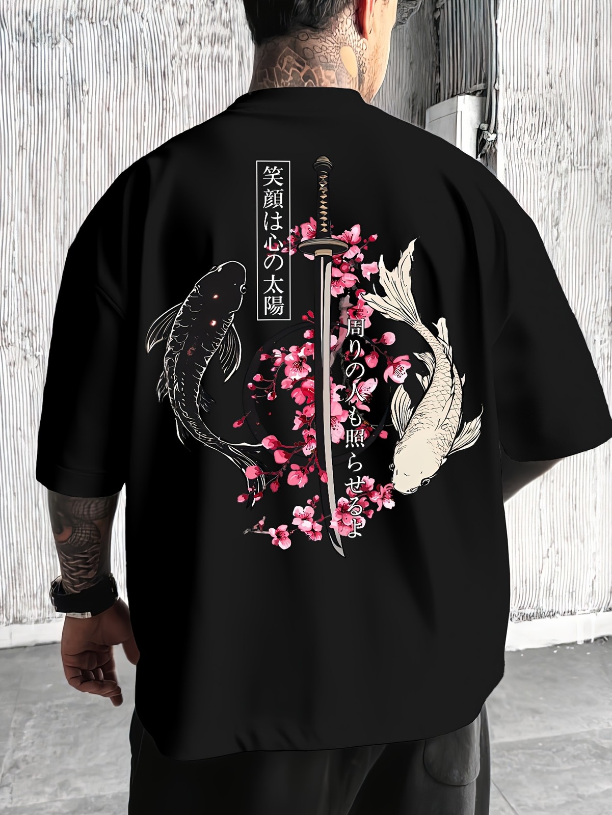 Japanese Koi Fish Samurai Sword T-Shirt Sakura Cherry Blossom Graphic Tee