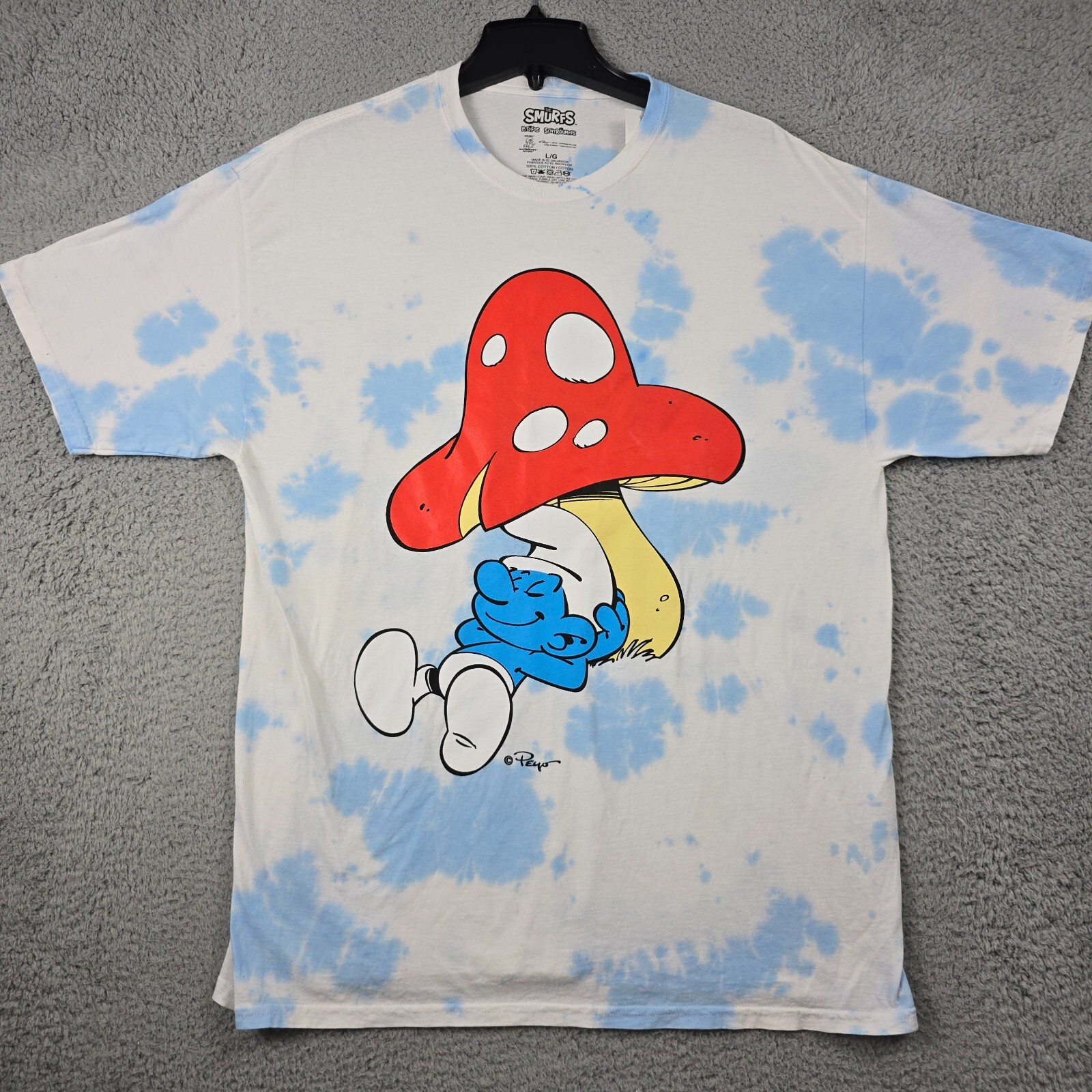 Smurfs Tie Dye Shirt Mens Large L Blue White Retro Mushroom Cartoon Casual NWT