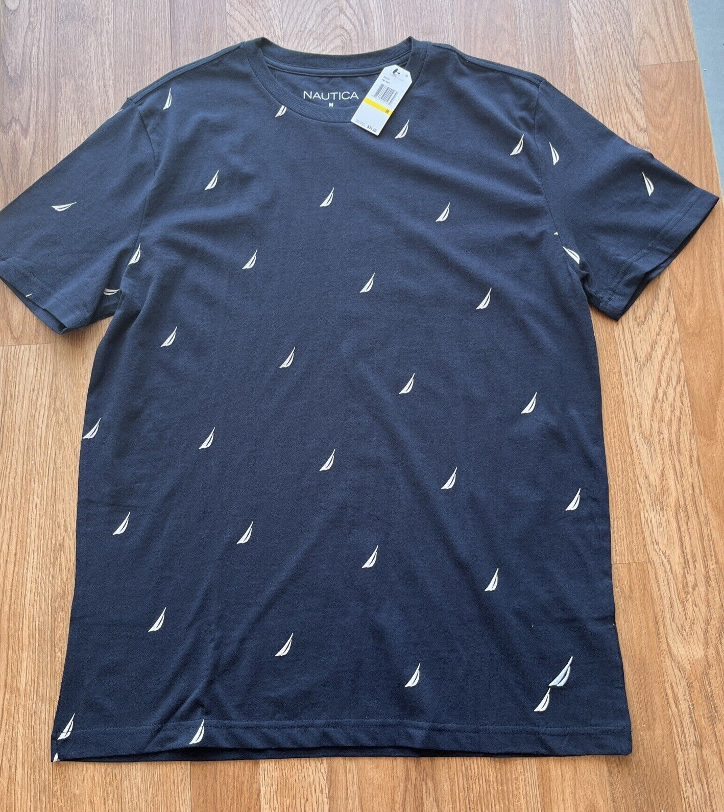 Nautica Men’s T-Shirt Size Large Navy Blue All Over Logo Print Crew Neck NEW