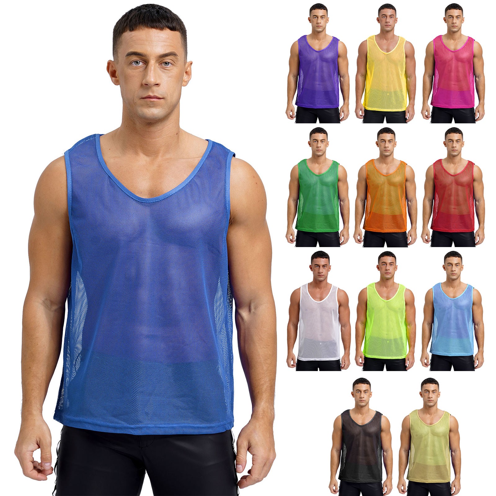 Mens Tops Training Vest Hollow Out T-shirts Round Neck Athletic Sheer Tank Sexy