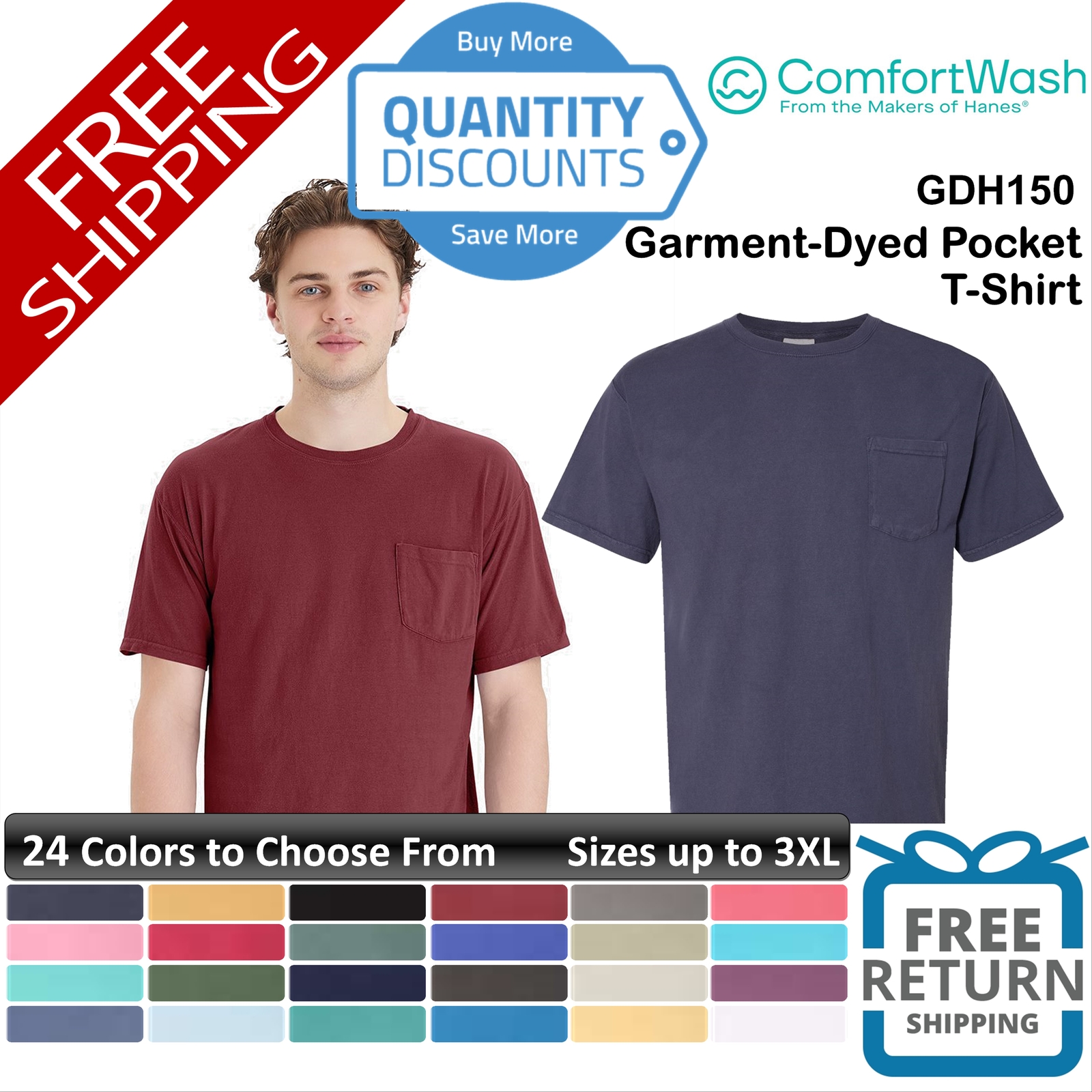 🔥 Comfortwash By Hanes Men Garment-dyed Chest Pocket T-shirt Up To 3XL Gdh150