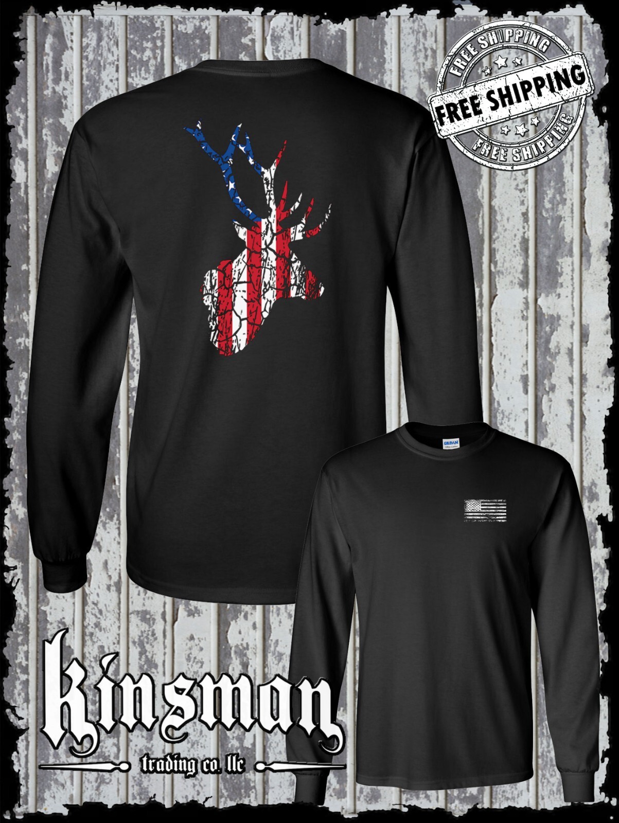 American Flag Deer Antlers Distressed 2-Sided Long Sleeve T-Shirt / Hunting