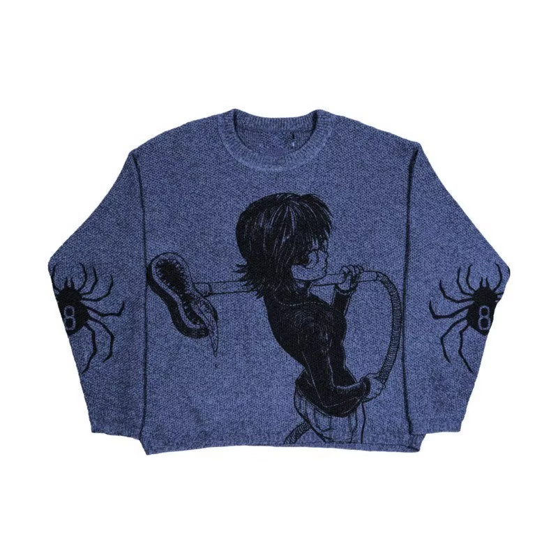 Japanese Anime Cartoon Print Loose O-Neck Pullover Unisex Vintage Casual Long-Sl