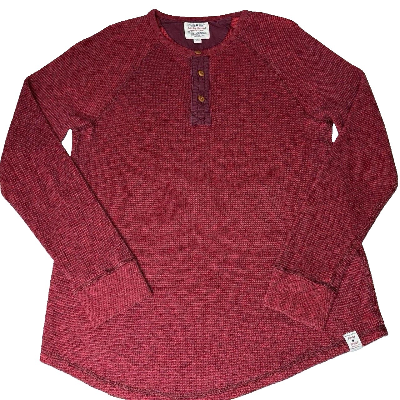 Lucky Brand Henley Shirt Mens Large Red Waffle Knit Long Sleeve Textured