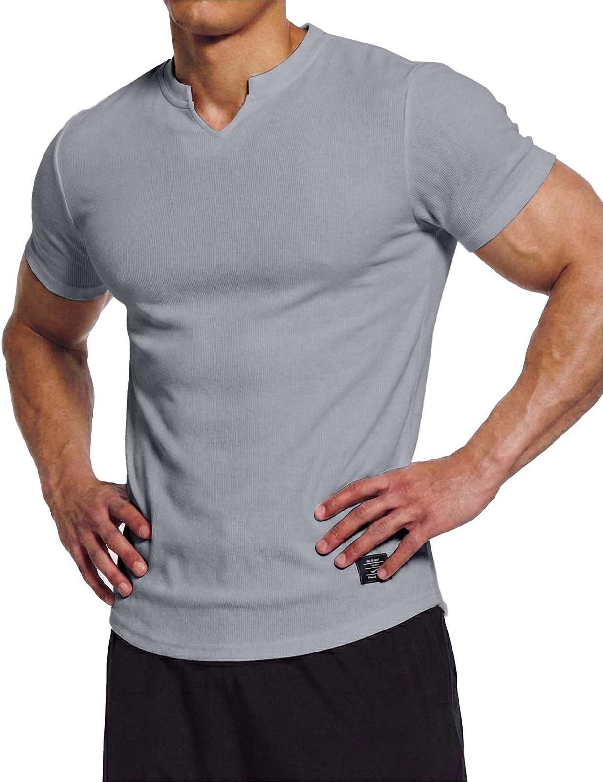 Mens Muscle Slim T Shirts Texture V Neck Longline Henley Gym Workout Athletic…