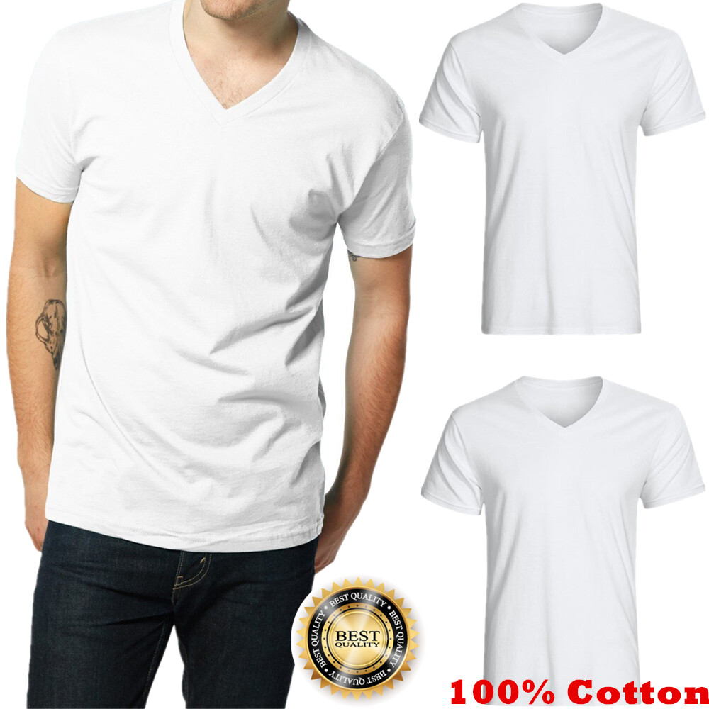 For Mens 100% Cotton Thick Casual T-Shirt Basic Tee V-Neck White S-3XL LOT