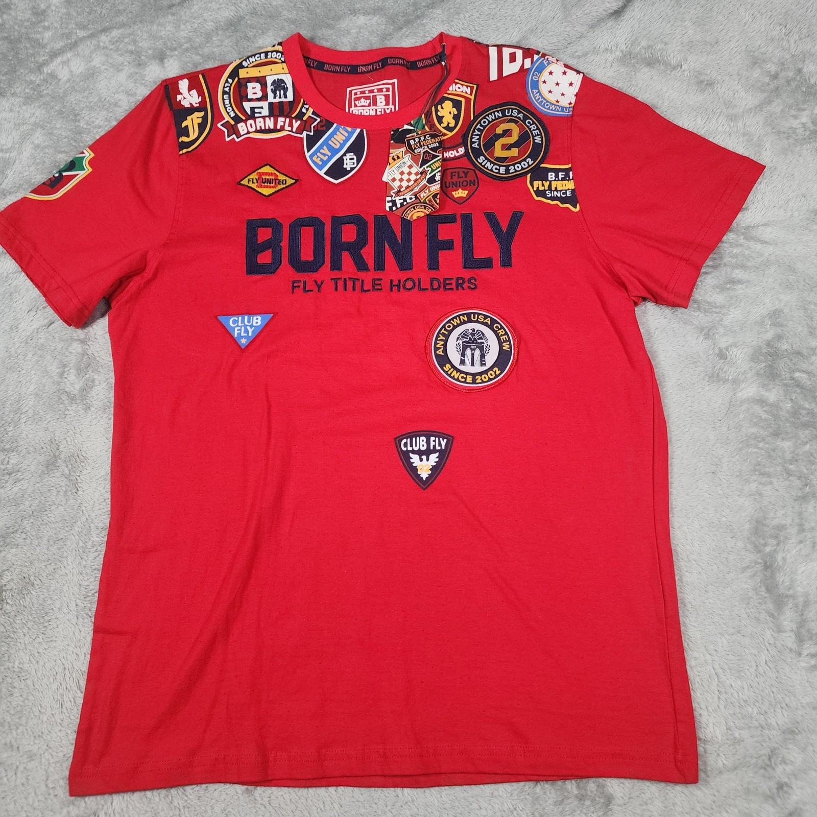 NEW Born Fly Shirt Mens XL Red Multi Patch Club Fly Crew Streetwear Y2K LOGO