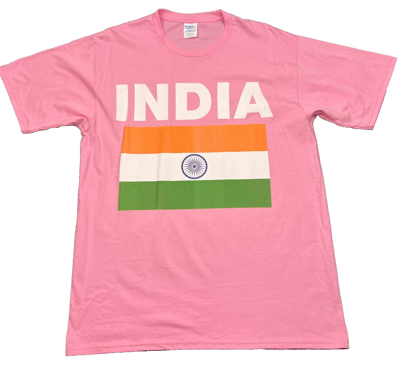 Port & Company Big India Flag Spell Out T Shirt Adult Large Pink Tee