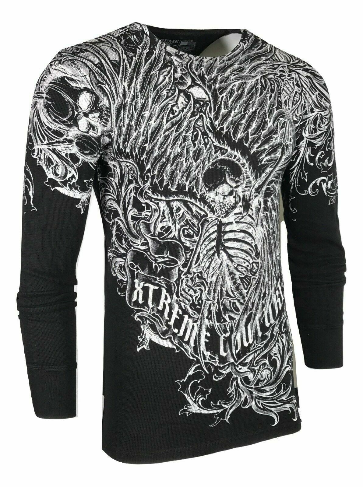 Xtreme Couture by Affliction Men’s Thermal Shirt ACCUSER Skull Biker MMA Black
