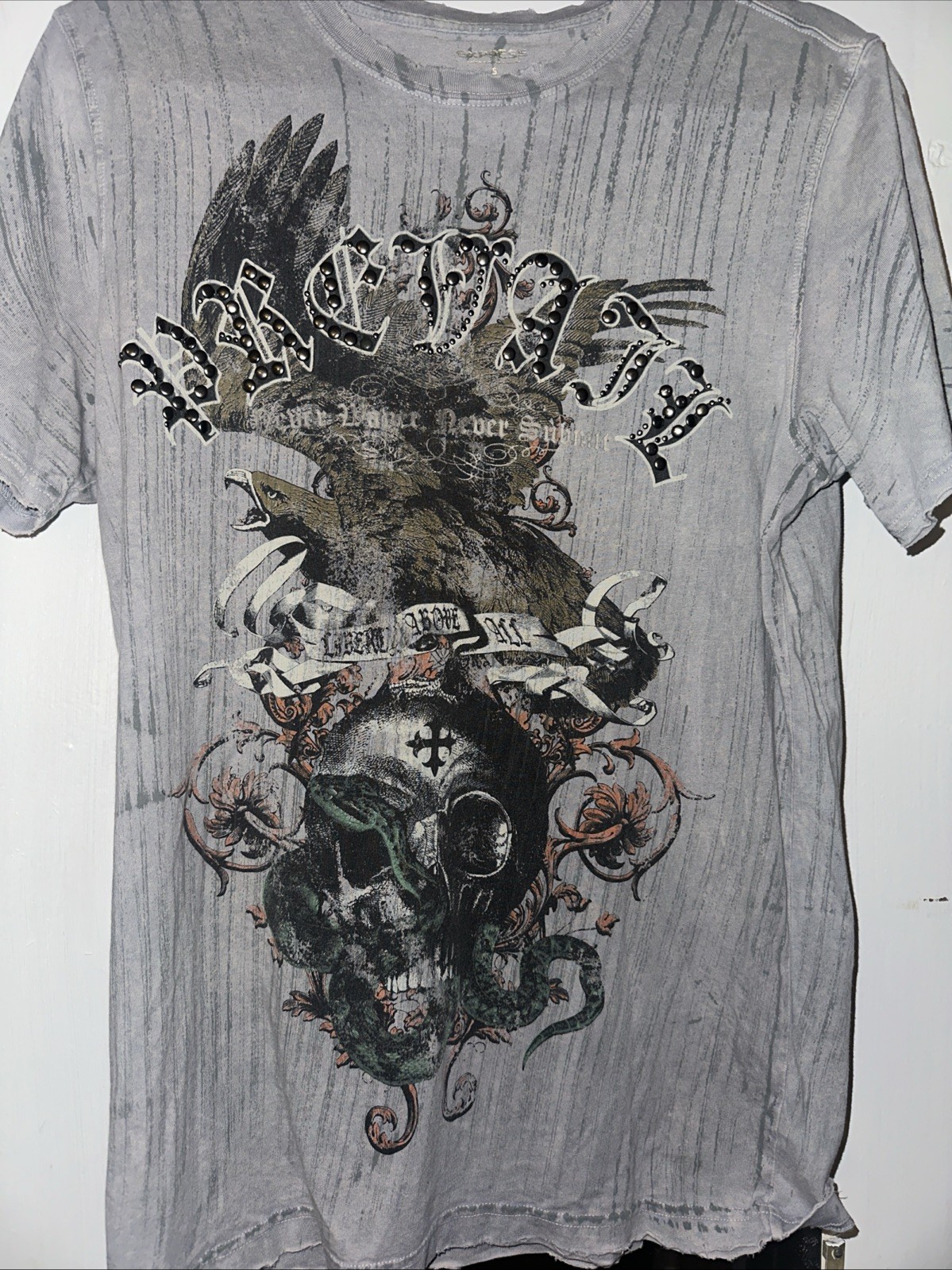 Rare Vintage Express Y2K Size Small Distressed Skull Bejeweled T-Shirt