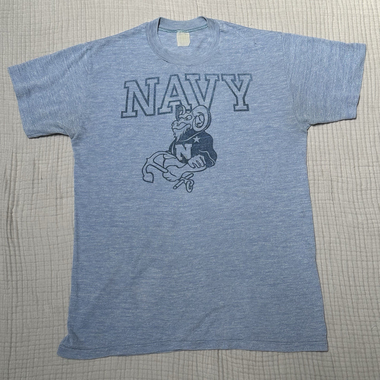 Vtg US Navy Bill the Goat T-Shirt Heather Blue Single Stitch Distressed 70s S