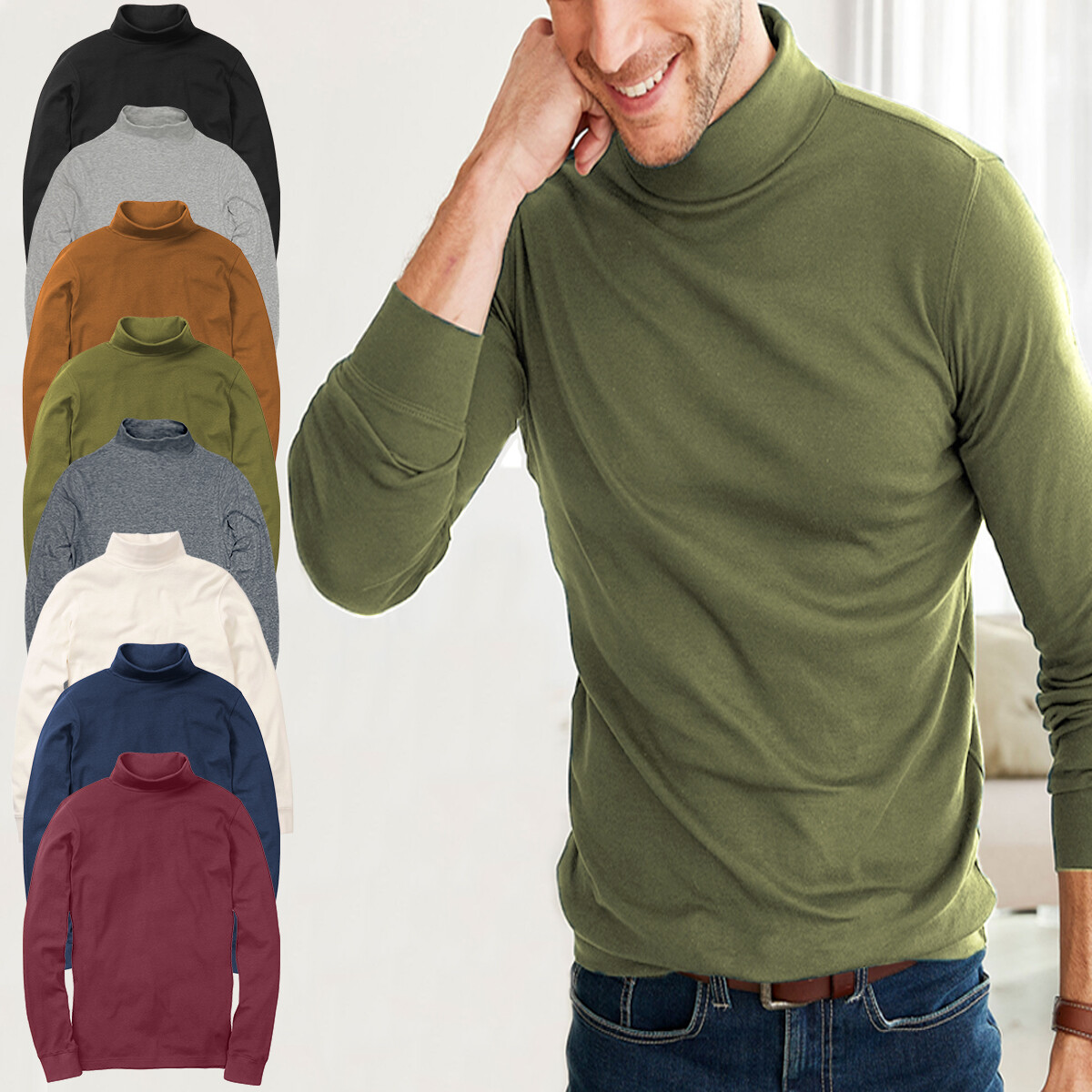 Mens Long Sleeve T shirt Turtle Neck Plain Casual Rib Funnel Winter Top M to 3XL