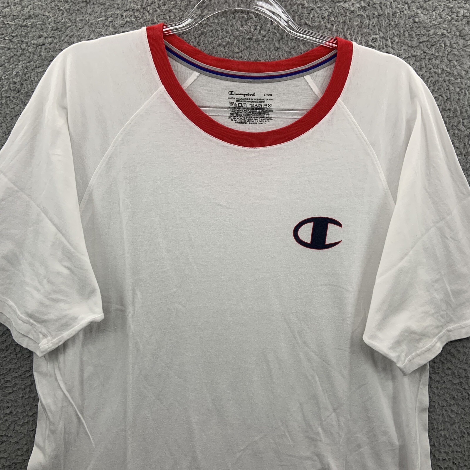 Champion Shirt Mens Large White Red Blue Logo Pullover Short Sleeve Crew Neck