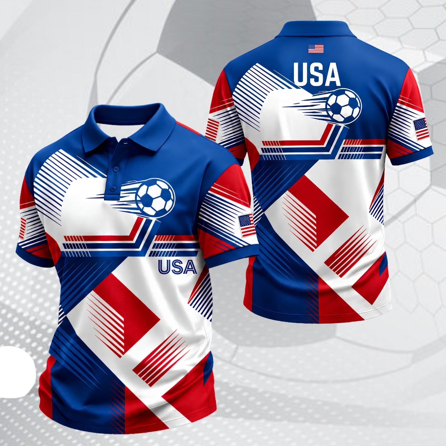 USA Soccer Polo Shirt Mens Patriotic American Flag Soccer Fan July 4th (S-5XL)