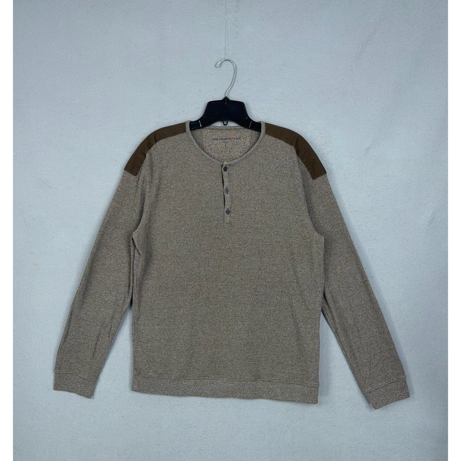 John Varvatos USA Henley Mens Large Brown Marled Waffle Knit Elbow Patch Casual
