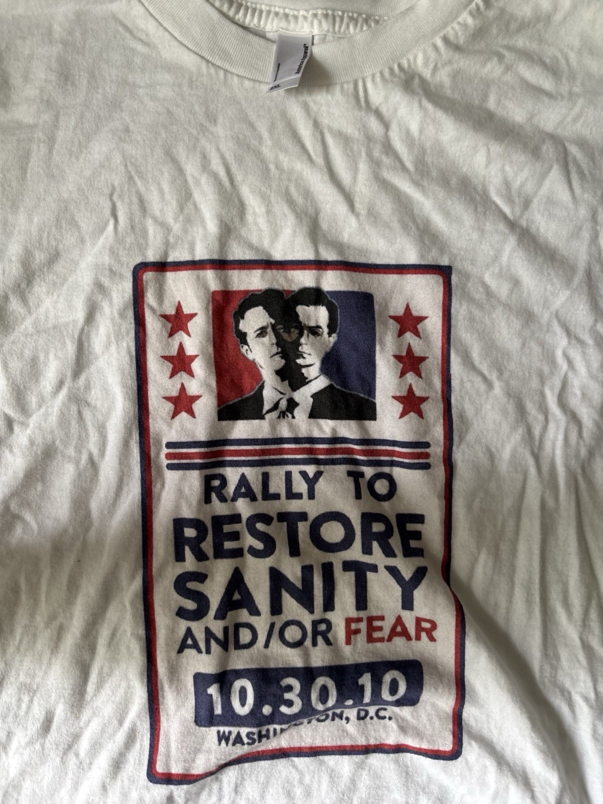 Rally To Restore Sanity And Or Fear White 2X T Shirt Jon Stewart Stephen Colbert