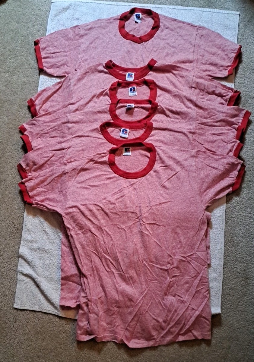 6 Vintage 80s 90s Russell Athletic Ringer Heather Red Tri Blend Large Blank