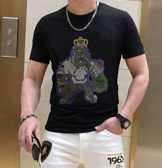 New Fashion Rhinestones Bear Short Sleeve Luxury Men Black White T-Shirt