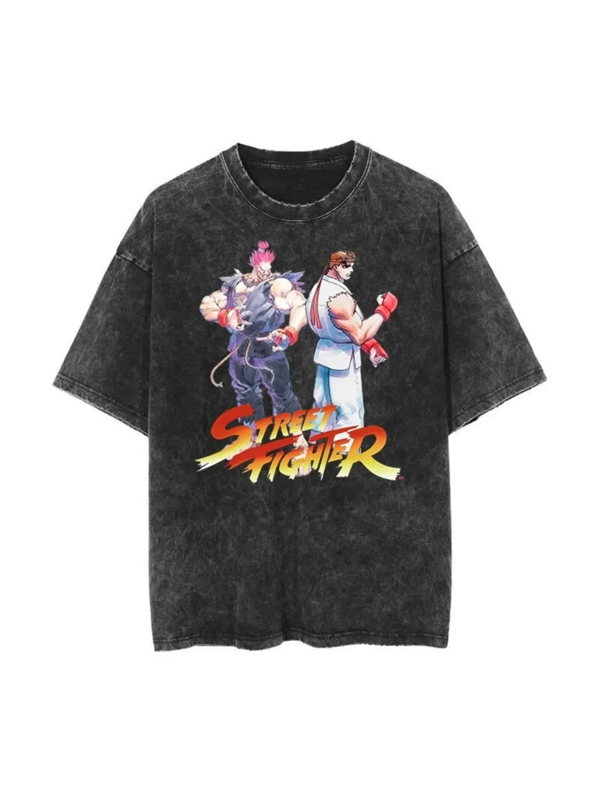 Retro Washed T-shirt Street Fighter Classic Game Printed Harajuku Hip Hop Plus