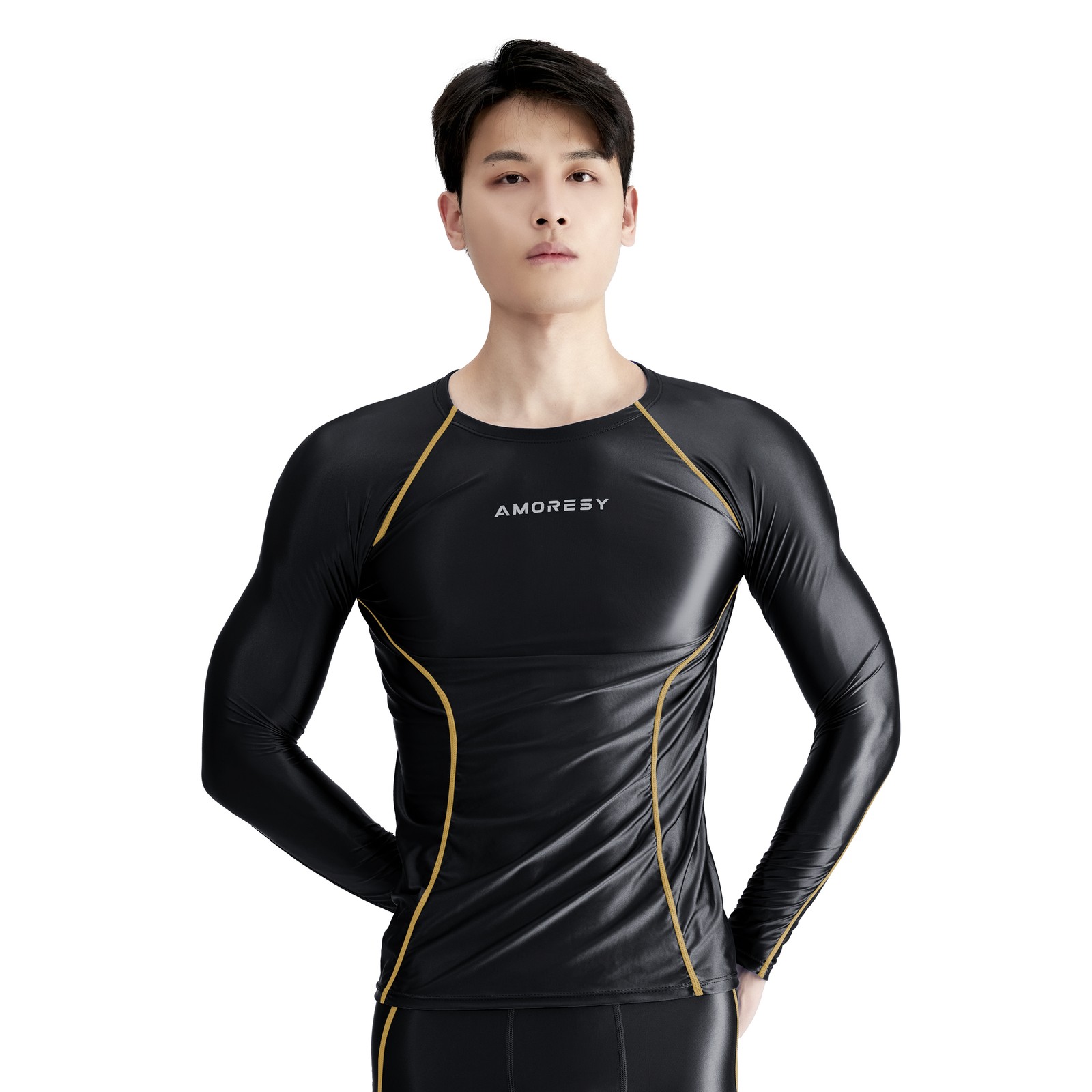 AMORESY Men Glossy Satin Oil Long-Sleeve Fitness T-Shirt Round Neck Running Tops