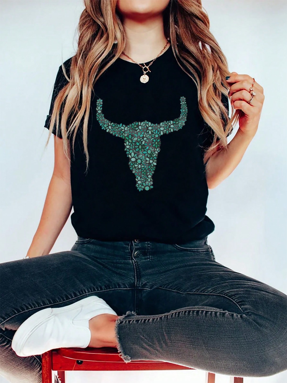 Western Turquoise Longhorn Tee Women’s Short Sleeve Spring Summer