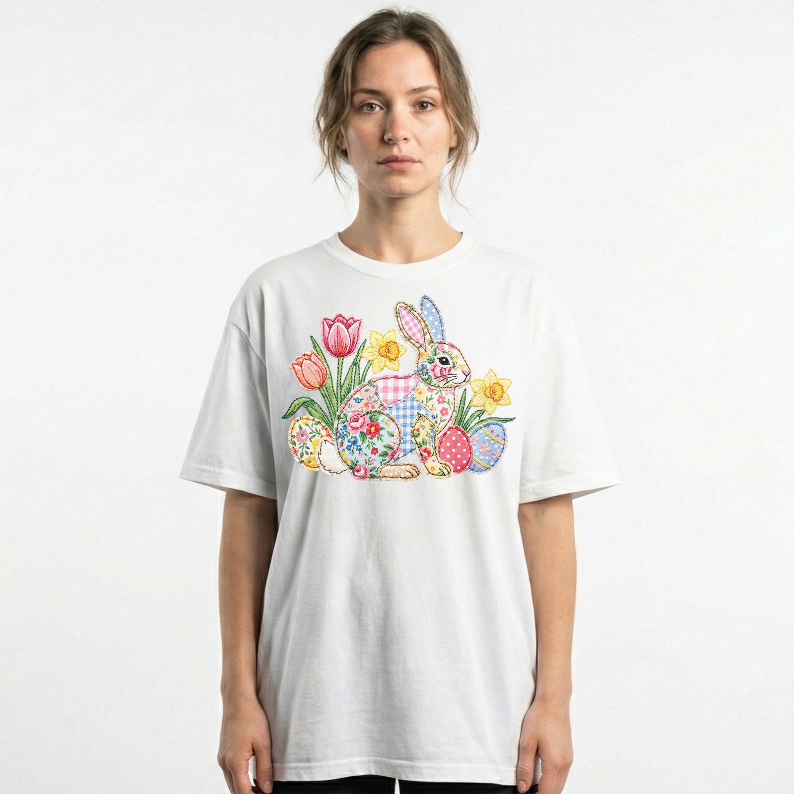 Easter Bunny Patchwork Floral Spring T-Shirt Holiday Cute Pastel Egg Lover Tee