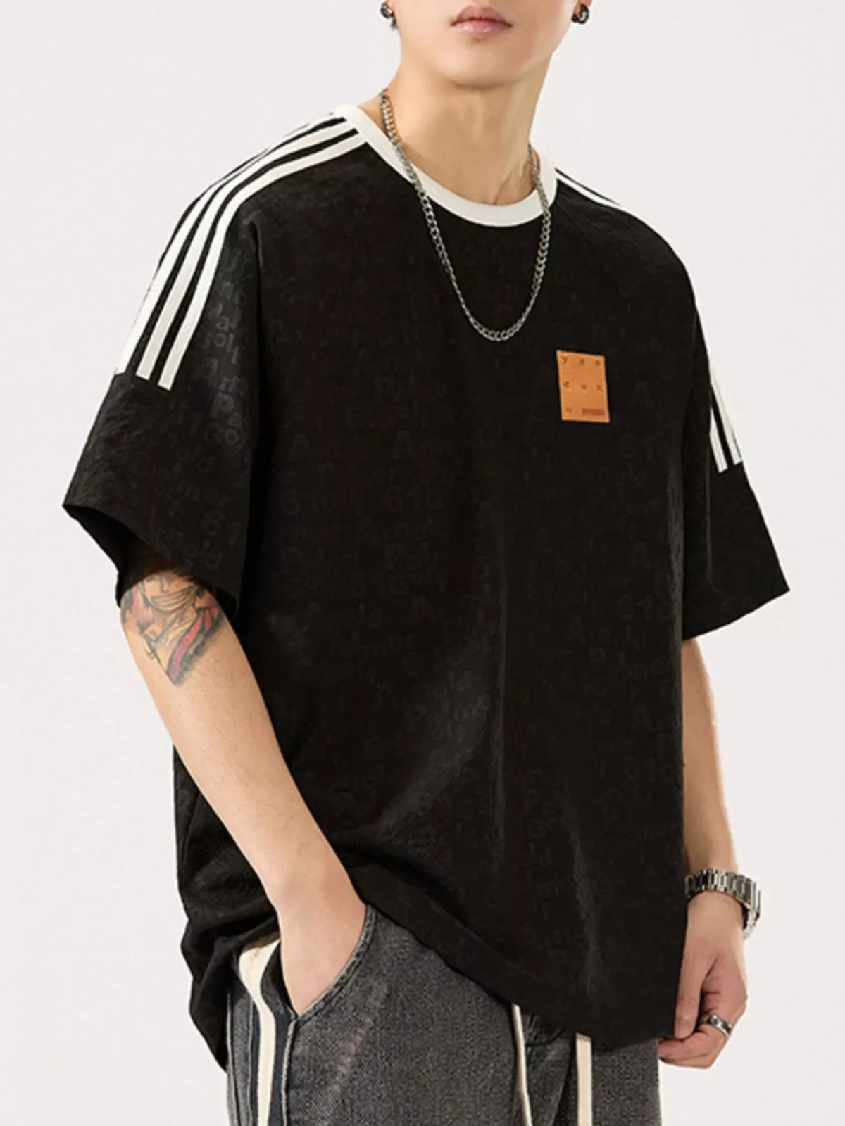 Men’s Full Size Striped Shoulder Relaxed Fit T-Shirt Plus Size