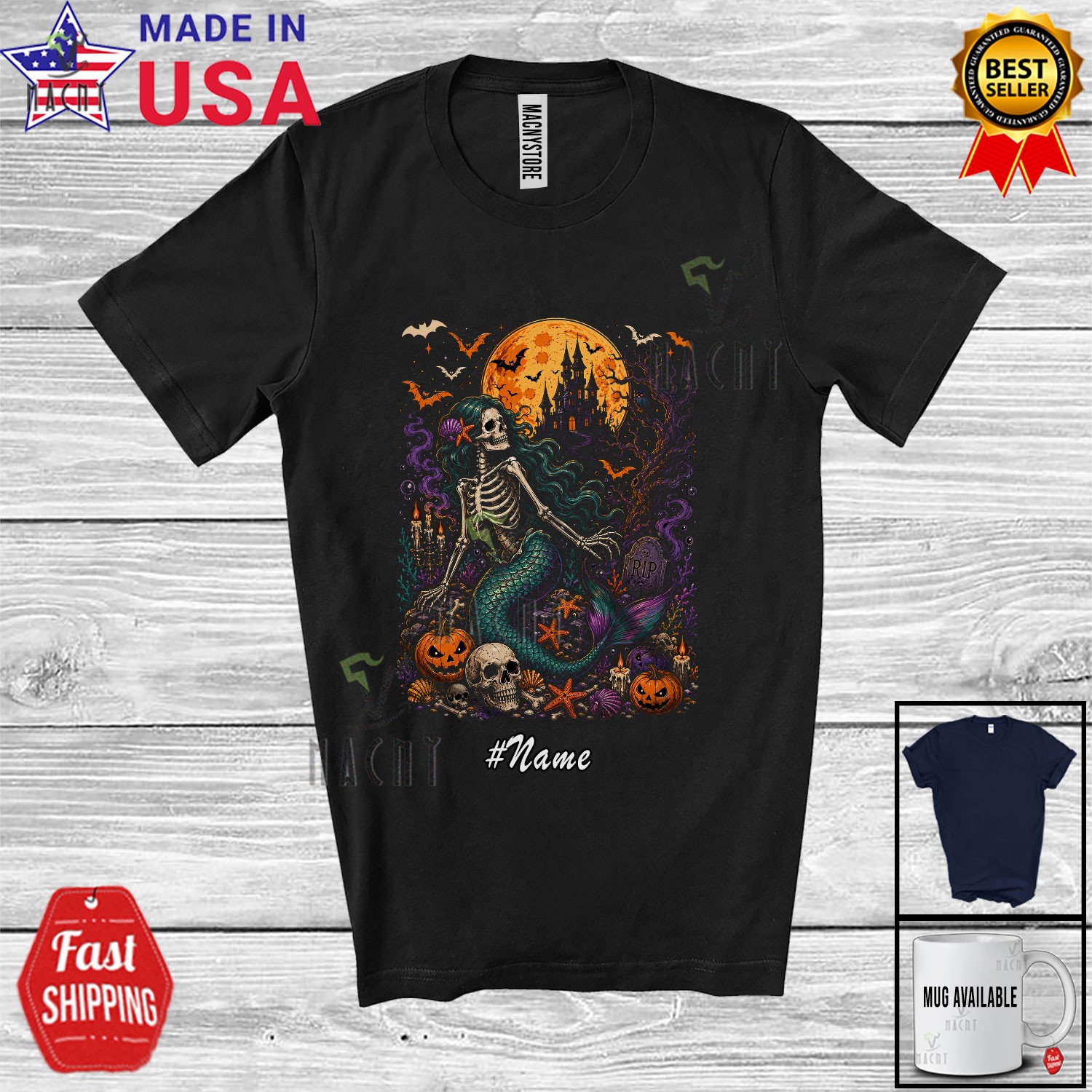 Custom Name Mermaid Skeleton; Scary Halloween Skull Pumpkin Women Family T-Shirt