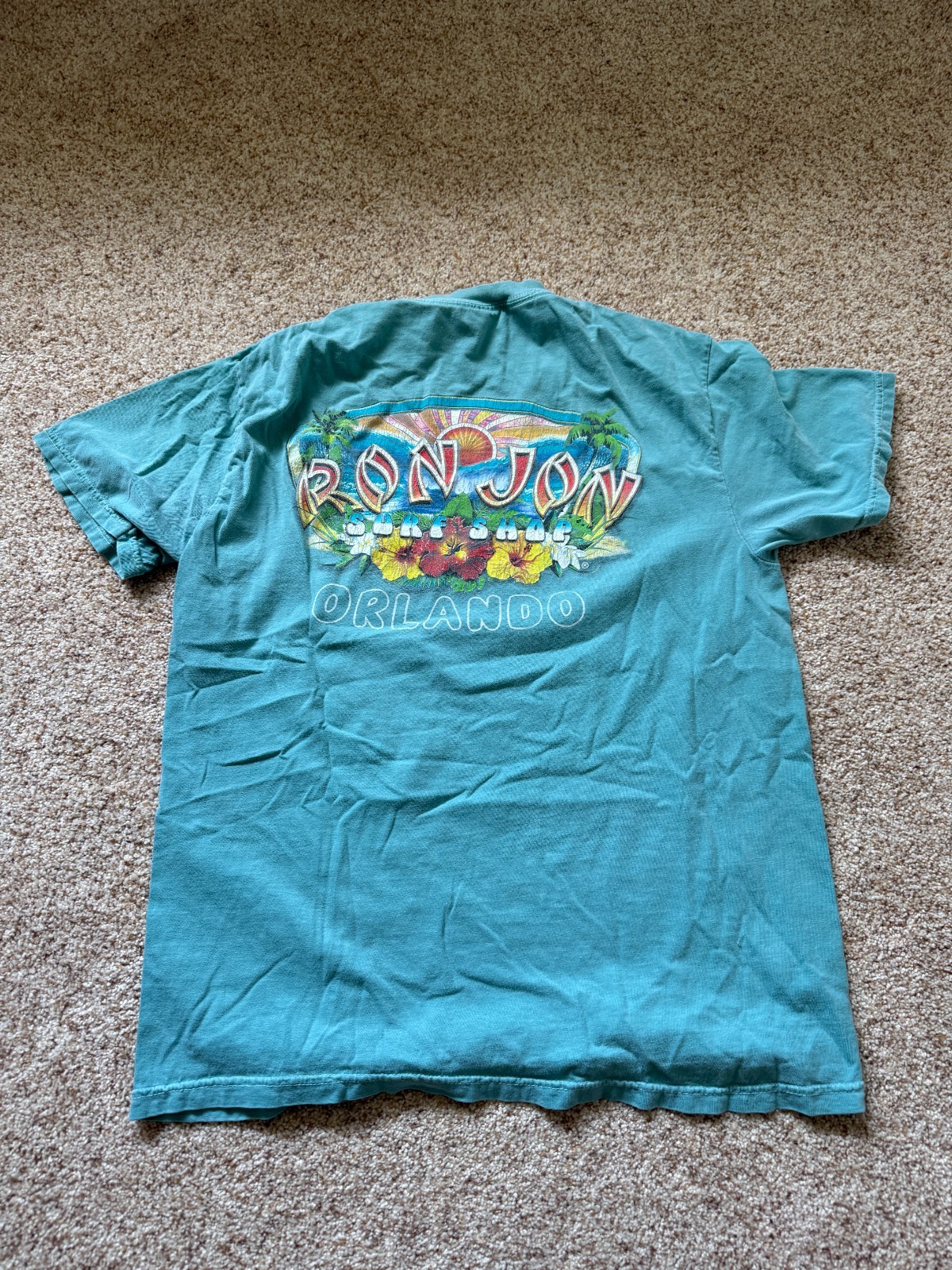 Ron Jon Surf Shop Orlando Mens Turquoise Surfer Beach Graphic Shirt L – Flaws