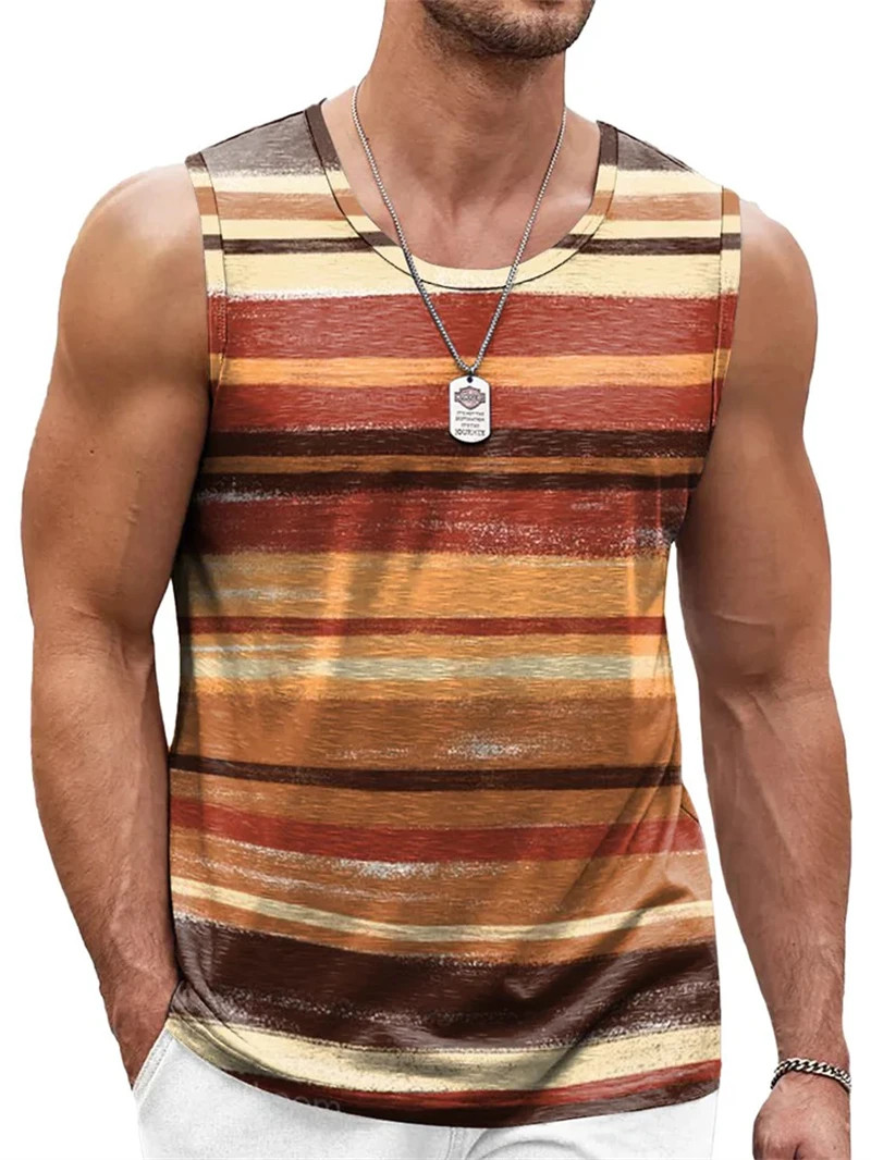 Men Retro Striped Tank Top Sleeveless 3D Print Loose Quick Dry Summer Vest