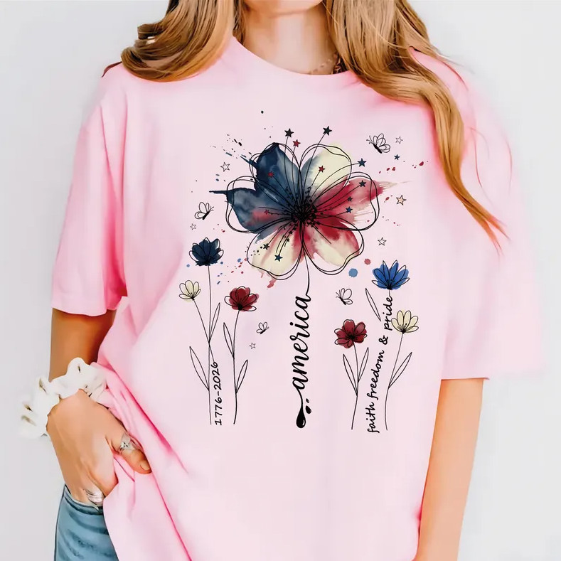 USA 250th Anniversary Comfort Colors Floral Tee, 1776-2026 Patriotic Shirt