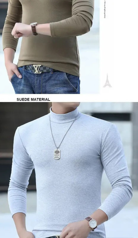 Fashion Men’s Oversize High Collar Long Sleeves Autumn Winter Pure Thermal Shirt
