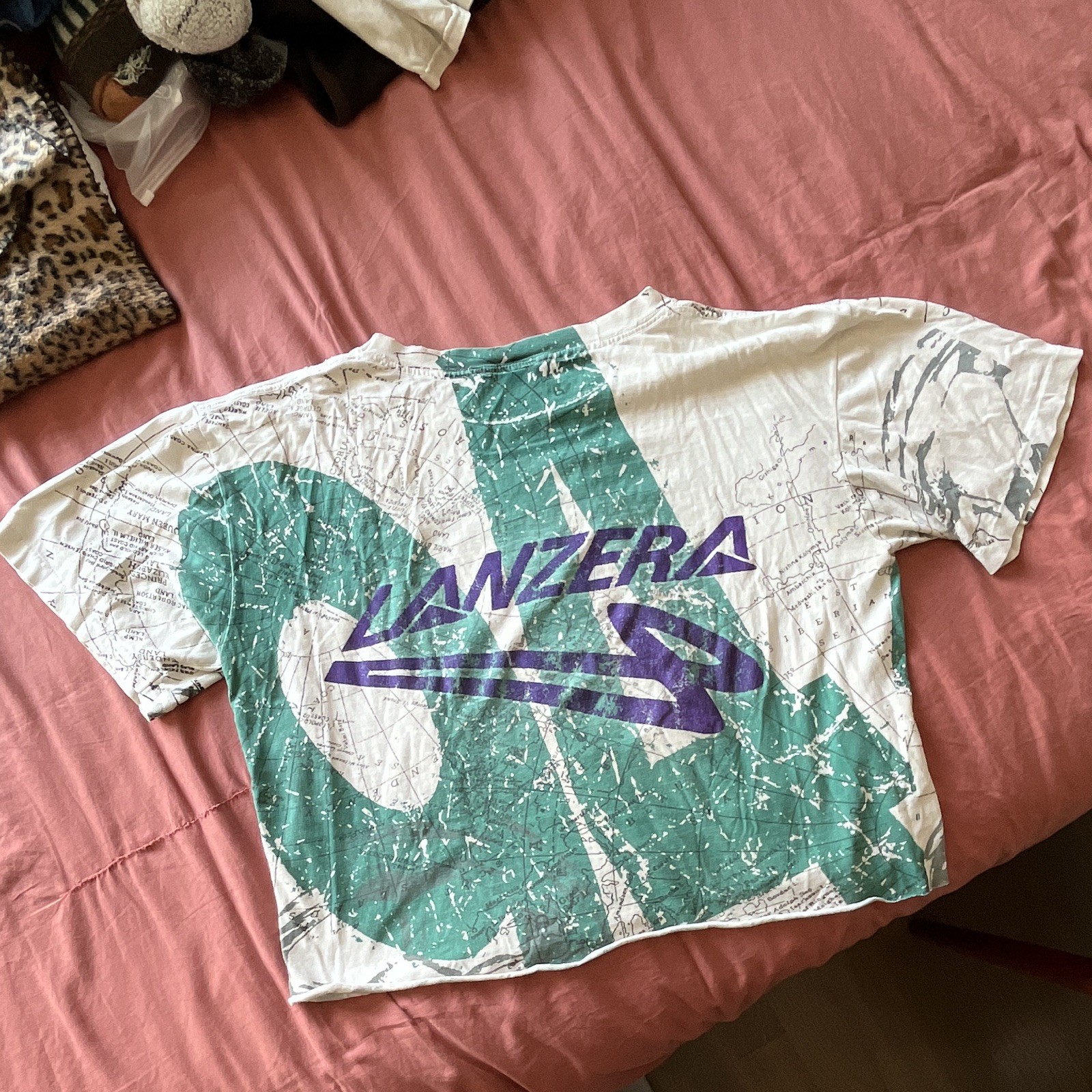 Lanzera Men’s L Crew Neck Short Sleeve Graphic Logo T-Shirt White Green Purple