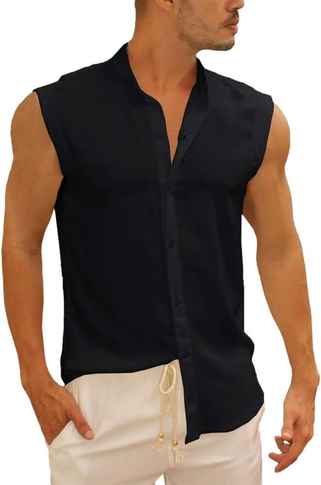 Mens Linen Cotton Sleeveless Button Down Shirt Summer Beach Casual Top