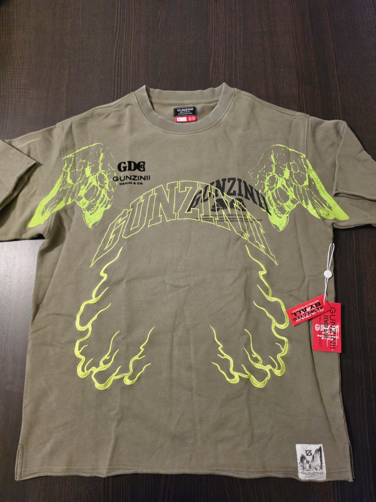 Gunzinii Olive/Neon Green Embroidered Lightning Logo OS Tee HW Size Large