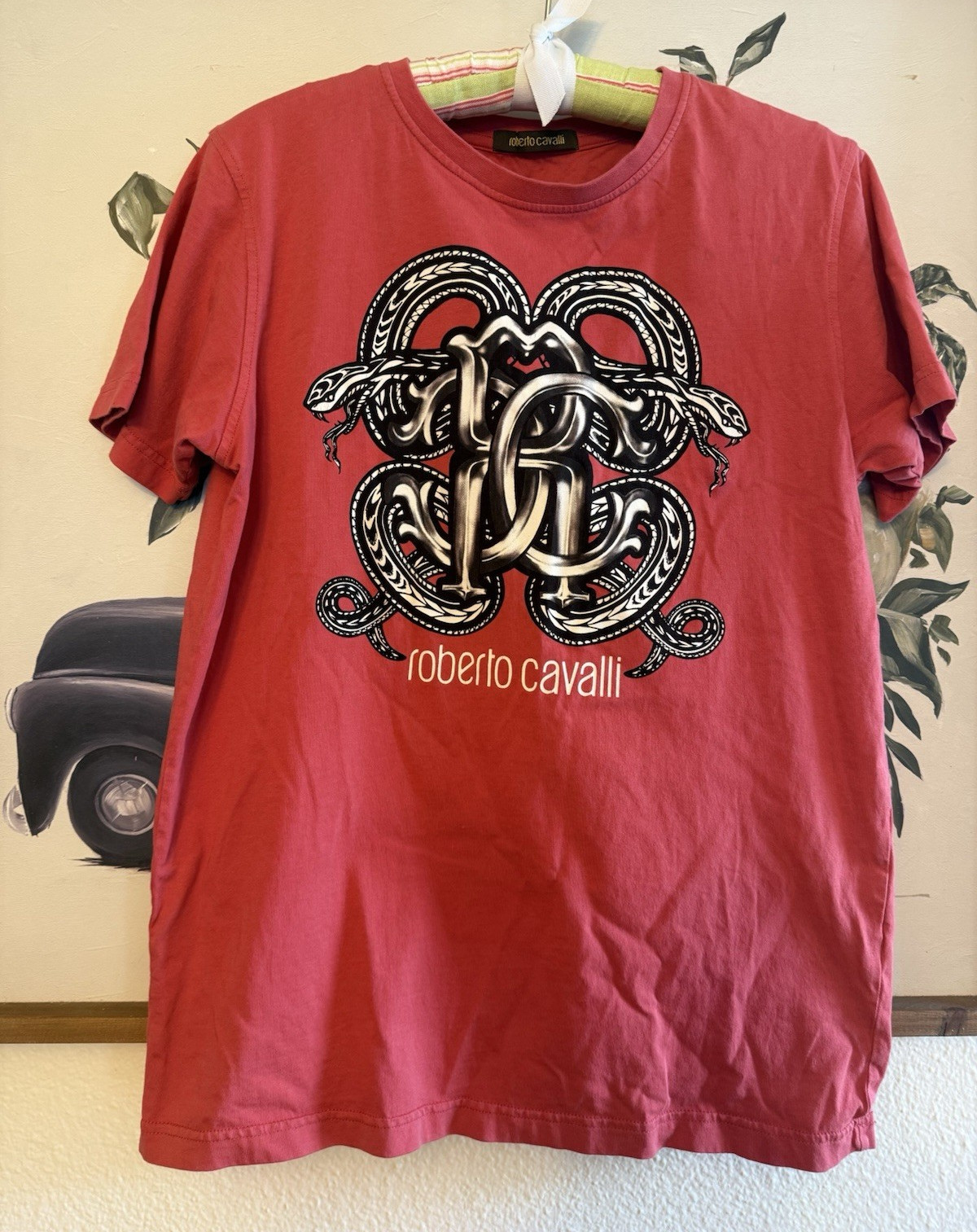 Roberto Cavalli Men’s Red Snake Logo Graphic Print Crew Neck T-Shirt Sz M