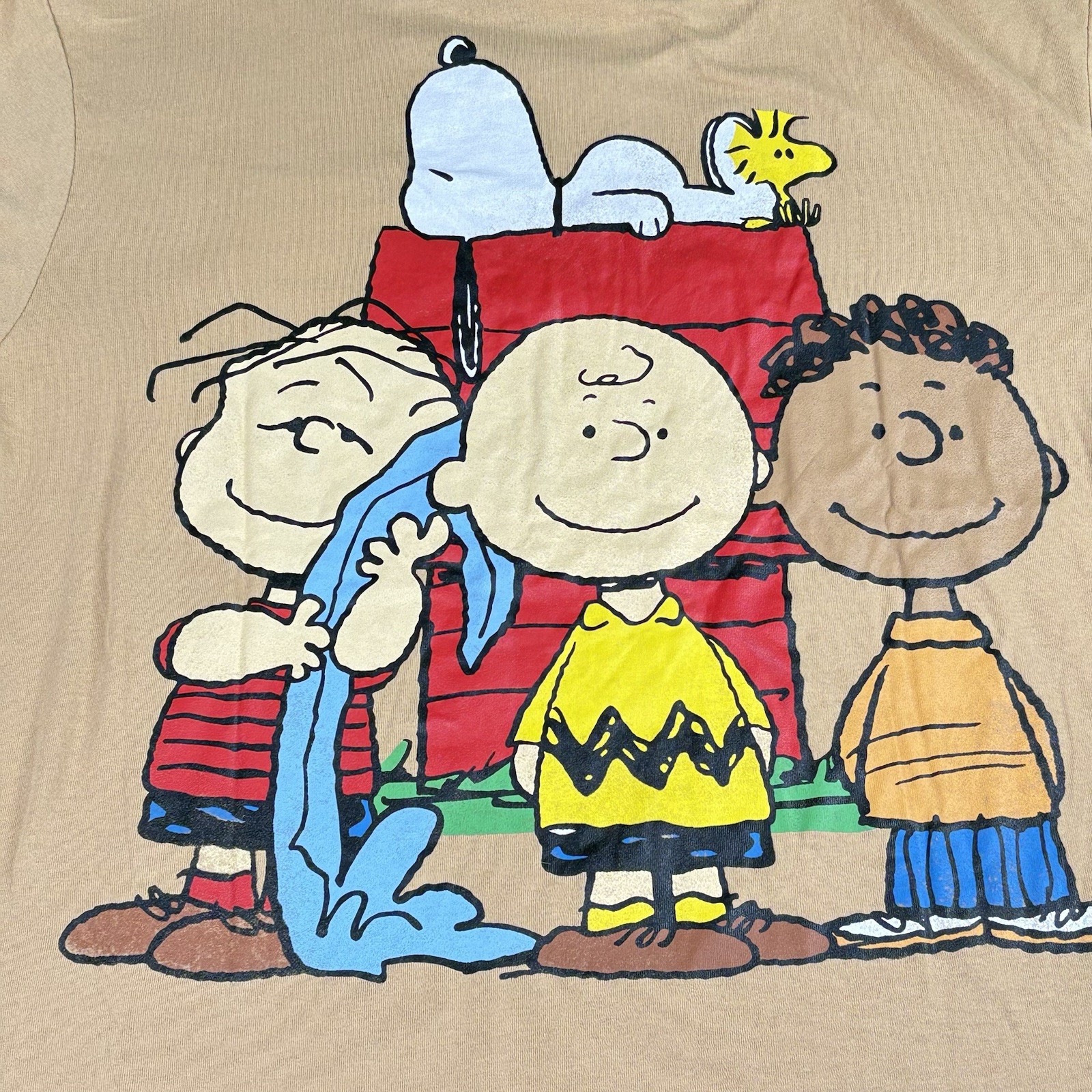 Peanuts Snoopy Doghouse Graphic T-Shirt Men L Tan Cartoon Y2K Retro Double Sided