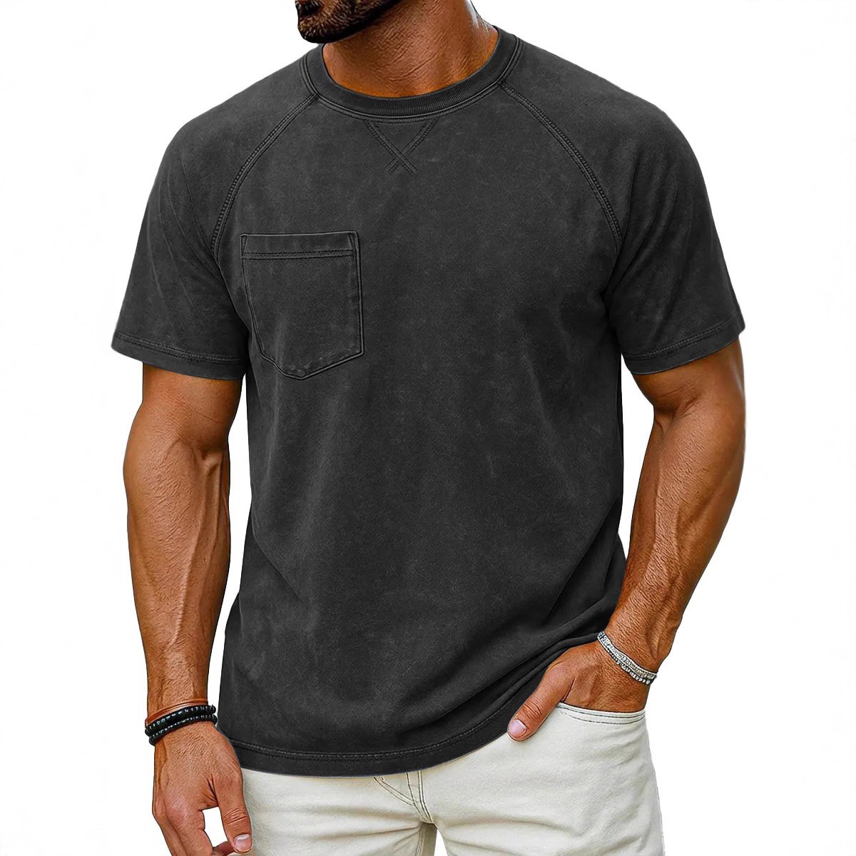 Men’s Vintage Washed Raglan Short Sleeve T-Shirt, Pocket Crew Neck Casual Tee