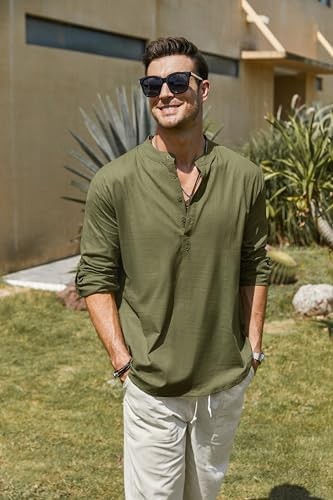Men’s Shirt Long Sleeve Size 4X-Large Army Green Relaxed Fit Summer Cotton,Linen