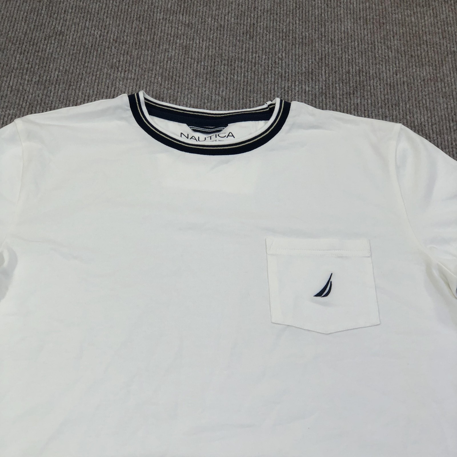 Nautica Shirt Mens Medium White Sail Logo Pocket Tee Tagless Ringer Nautical