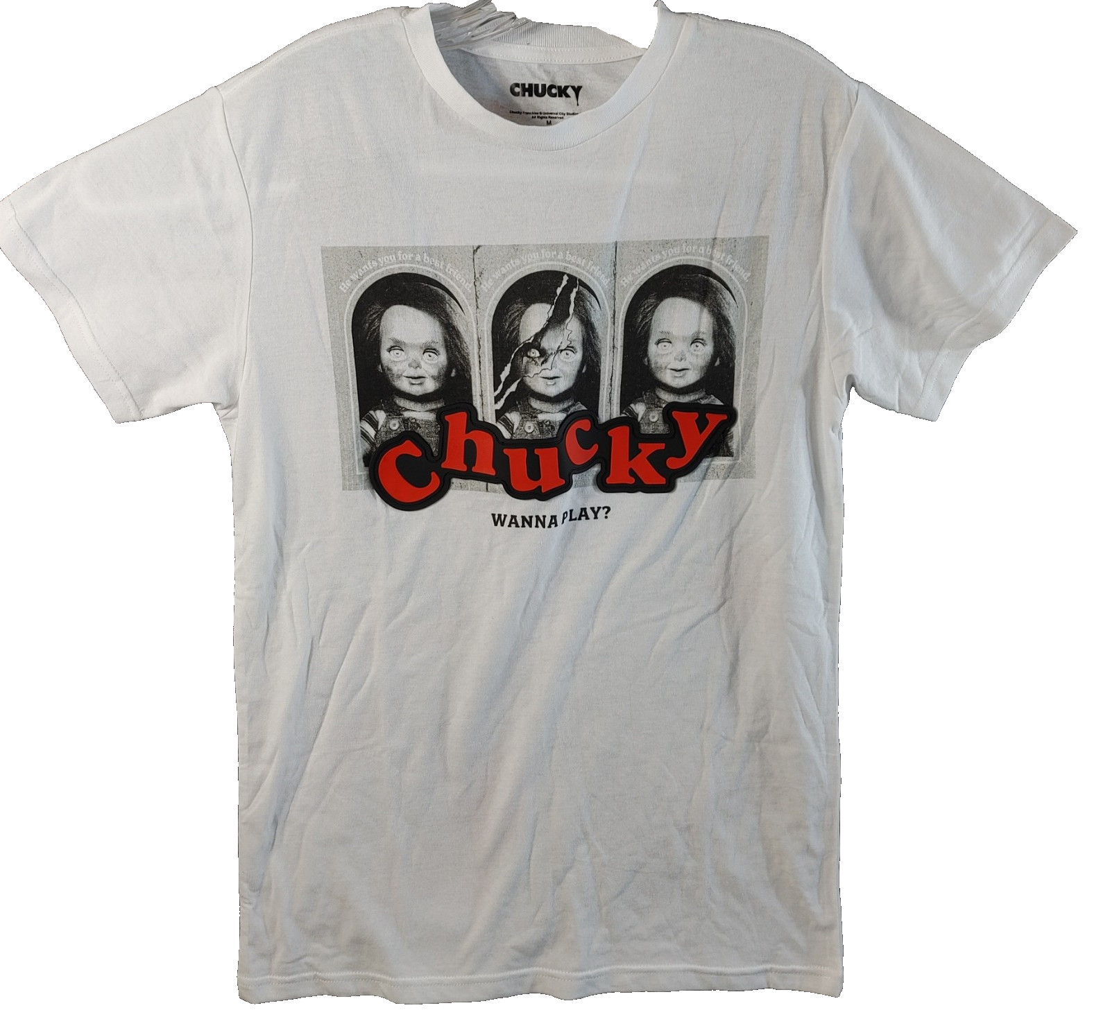 Chucky Childs Play Adult Size M Tee White Wanna Play Graphic Embroidered Print