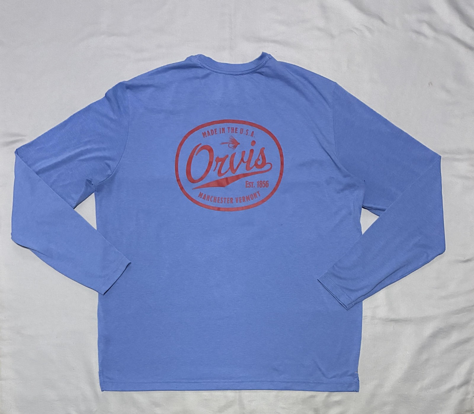 Orvis Shirt Mens XL Blue Long Sleeve Manchester Vermont Logo Graphic Tee Tagless
