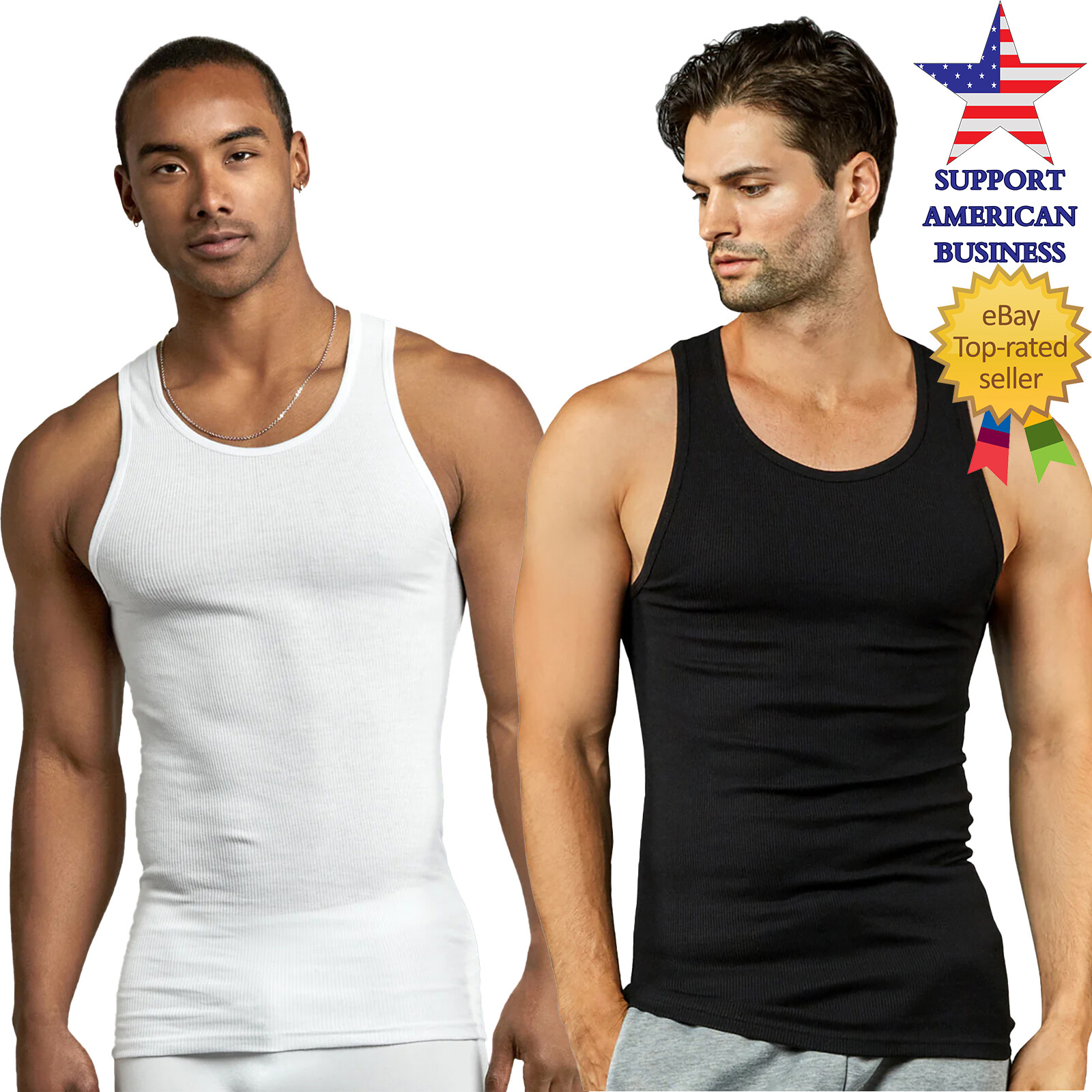 3, 6 Pack Mens 100% Cotton Ribbed A-Shirts Black White Wife Beater Tank Tops