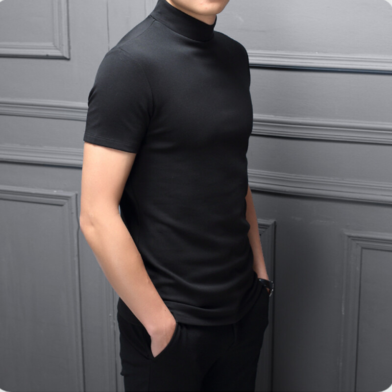 Men Half High Collar Mercerized Cotton Short Sleeve Slim Fit T-Shirt Solid Color