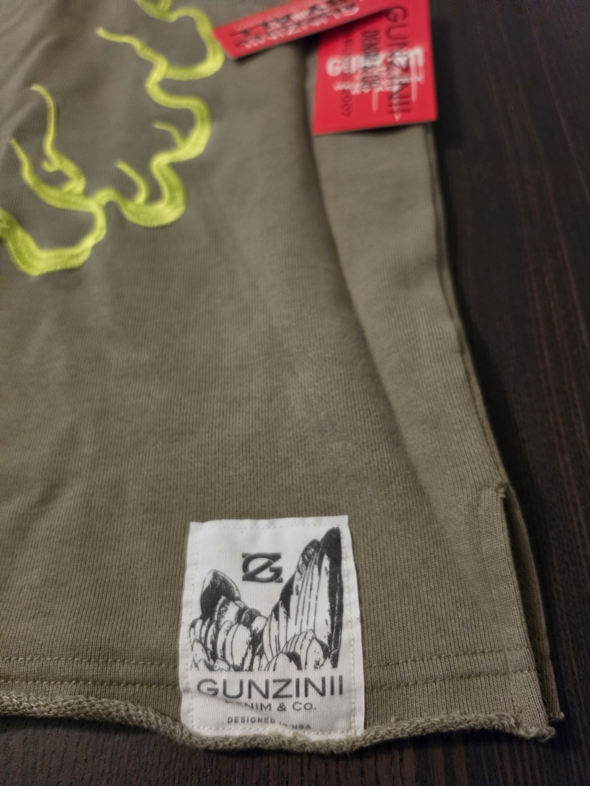 Gunzinii Olive/Neon Green Embroidered Lightning Logo OS Tee HW Size Large